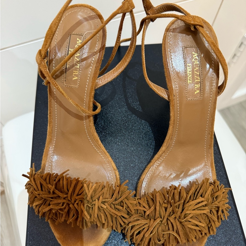 Aquazzura Tan Fringe Sandals Bohemian Style